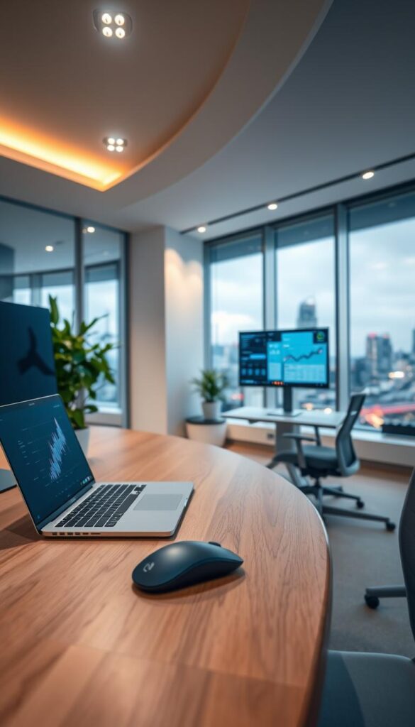 A modern office interior with a sleek, minimalist design. In the foreground, a smooth wooden desk with a laptop, wireless mouse, and a crisp, high-resolution monitor displaying digital diagrams and charts. The middle ground features an ergonomic office chair and a potted plant, creating a sense of balance and harmony. Ambient lighting from hidden ceiling fixtures casts a warm, inviting glow throughout the space. The background showcases large windows providing natural light and a panoramic view of a vibrant, tech-driven cityscape. The overall atmosphere conveys a productive, innovative, and technologically-advanced workspace.