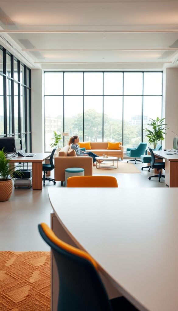 A modern, well-designed office space with a strategic color palette that reflects different work styles. In the foreground, a spacious and bright workspace with clean lines, featuring pops of vibrant hues like teal and mustard yellow that stimulate creativity. In the middle ground, a collaborative lounge area with plush seating in soothing earth tones, promoting relaxation and focus. The background showcases floor-to-ceiling windows, allowing natural light to flood the space and creating a sense of openness and tranquility. The overall lighting is soft and indirect, casting a warm glow and emphasizing the harmonious color scheme. The composition is balanced, with a harmonious blend of colors and textures that inspire productivity and well-being.