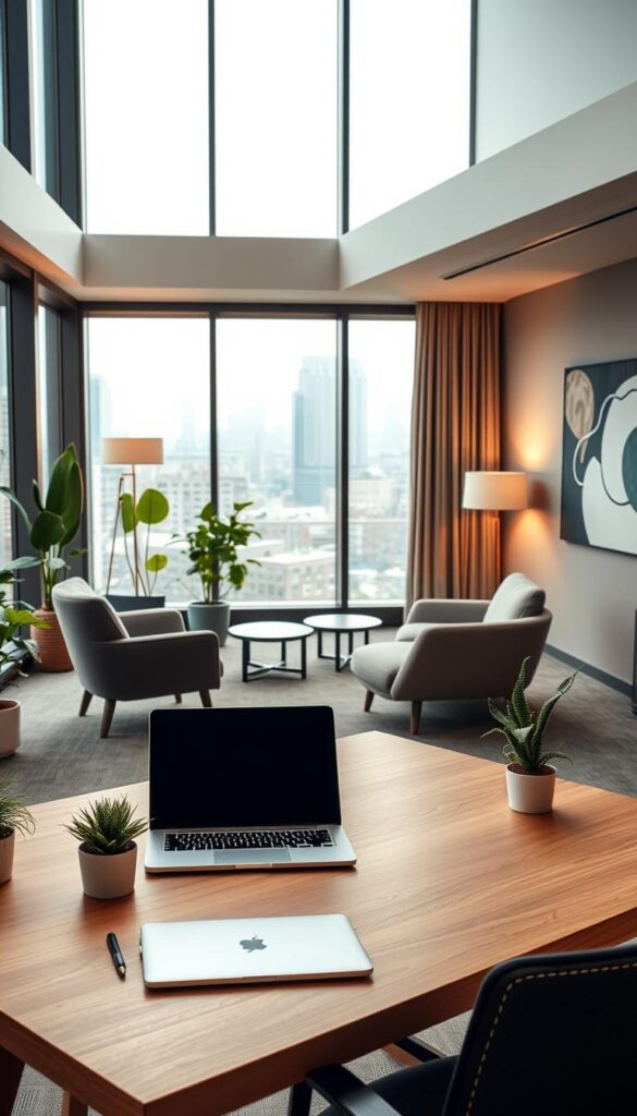 An elegant, modern office space with a creative flair. In the foreground, a stylish wooden desk with a minimalist design, adorned with potted plants and a sleek laptop. The middle ground features comfortable lounge chairs in muted tones, inviting collaboration and casual work sessions. The background showcases floor-to-ceiling windows, flooding the space with natural light and offering a scenic city view. Warm, diffused lighting casts a cozy atmosphere, while the walls are adorned with abstract artwork that adds a touch of personality. The overall aesthetic blends functionality, inspiration, and a touch of whimsy, perfect for a variety of professional needs.