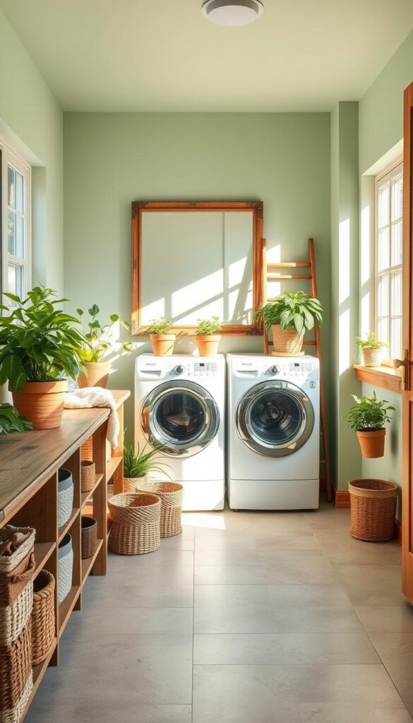 A bright, airy laundry room with a rustic, natural vibe. Sunlight streams through large windows, illuminating a wooden counter and shelves adorned with lush potted plants. The floor is covered in soft, neutral-toned tiles. A vintage-inspired washing machine and dryer stand in the center, surrounded by natural woven baskets and an antique wooden ladder. The walls are painted a soothing, light green, complemented by natural wood accents. A large, framed mirror reflects the room's earthy, calming atmosphere. The overall design feels warm, inviting, and in harmony with the outdoors.