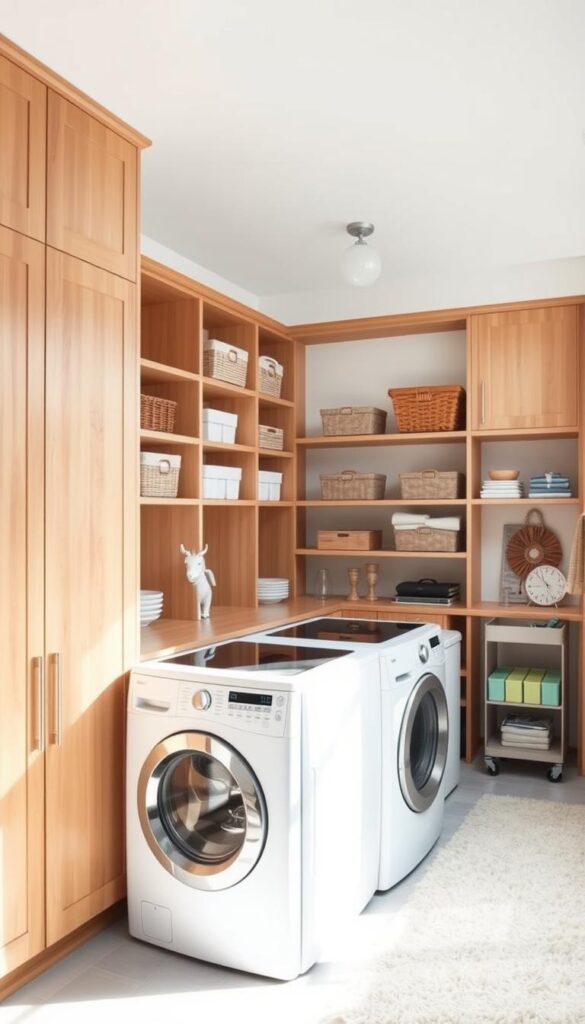 A bright, airy laundry room with creative storage solutions. The foreground features a sleek front-loading washer and dryer set, surrounded by custom built-in cabinetry in a warm, natural wood tone. The middle ground showcases a variety of clever storage options, including open shelving, baskets, and a rolling utility cart. In the background, a large window floods the space with natural light, casting a warm, inviting glow. The room is accented with subtle pops of color, such as a plush area rug and decorative accessories, creating a cohesive and stylish look. The overall atmosphere is one of efficiency, organization, and design-forward thinking.