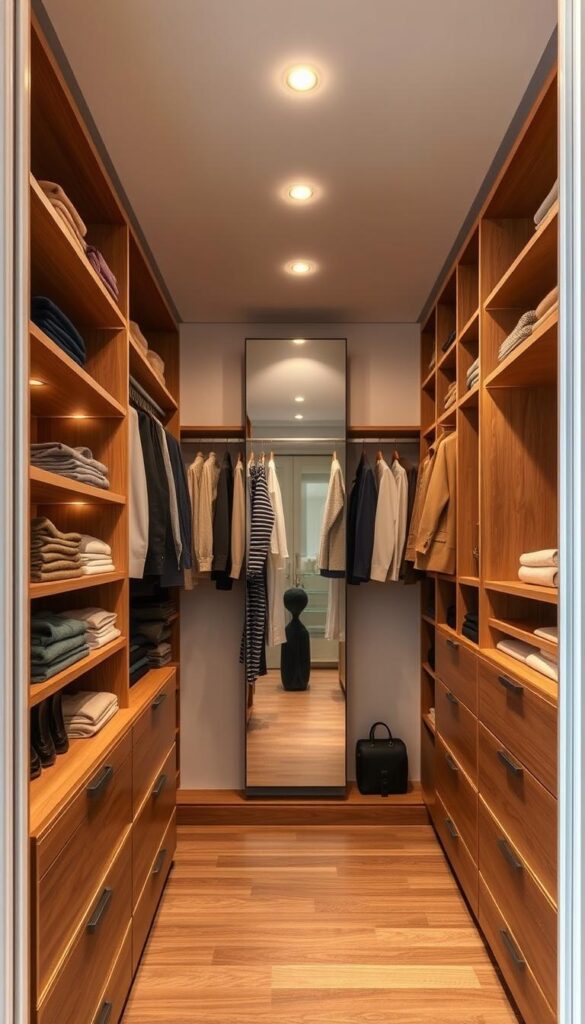 A bright, well-organized walk-in closet with a minimalist, contemporary design. In the foreground, wooden shelves and drawers neatly house a variety of folded garments and accessories. The middle ground features a full-length mirror, flanked by hanging rods displaying an array of carefully selected outfits. The background showcases a sleek, built-in organizational system with compartments and cubbies, creating a harmonious and visually appealing storage solution. Warm, diffused lighting from recessed fixtures gently illuminates the space, enhancing the sense of order and tranquility. The overall atmosphere evokes a serene, zen-like ambiance, inspiring a feeling of control and efficiency.