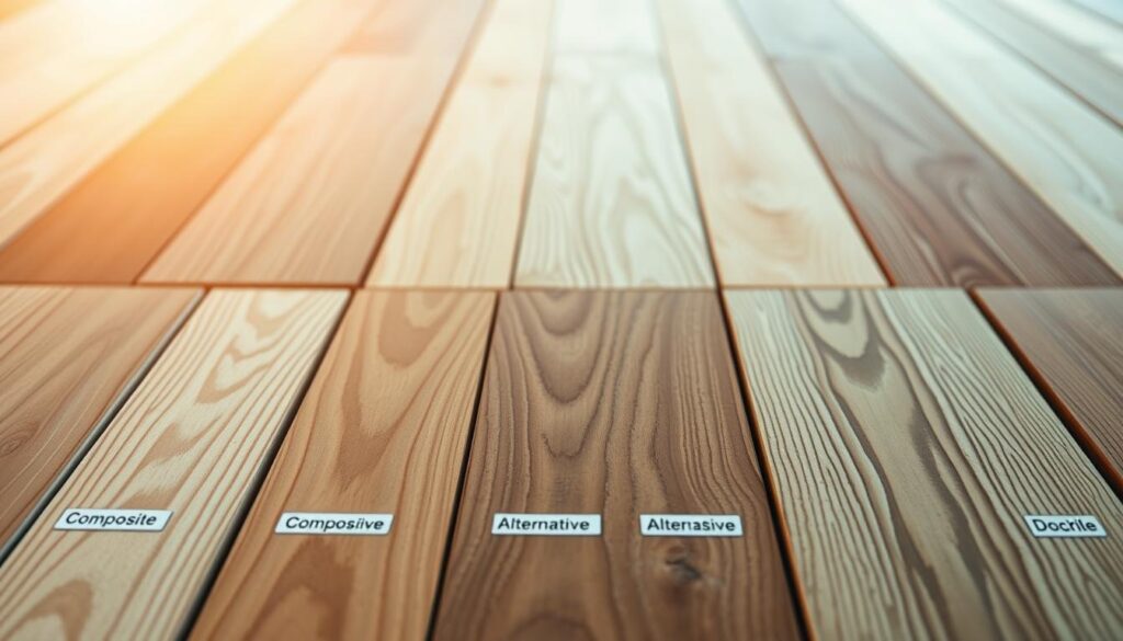 A brightly lit, high-angle view of a deck materials comparison display. The foreground features neatly arranged samples of wood, composite, and alternative decking materials, each labeled with their respective names. The middle ground showcases the unique textures, grains, and colors of the materials, allowing for a side-by-side visual comparison. In the background, a warm, diffused lighting creates a soft, inviting atmosphere, highlighting the natural beauty and durability of the different decking options. The overall composition conveys a sense of thoughtful consideration and attention to detail, encouraging the viewer to closely examine the distinctive qualities of each material.