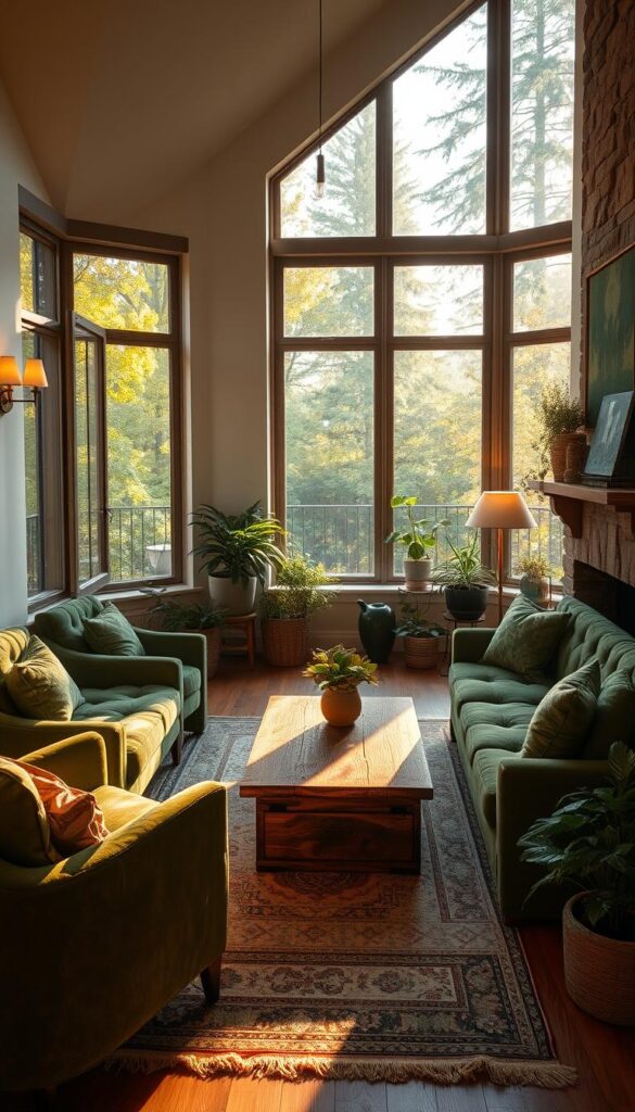 A cozy and intimate forest green living room in a small apartment, bathed in warm, golden afternoon light filtering through large windows overlooking a lush, verdant forest. Plush velvet armchairs and a deep-tufted sofa in shades of forest green and moss create a cocooning, inviting atmosphere. A rustic wood coffee table, vintage area rug, and leafy potted plants add natural, earthy textures. Soft, indirect lighting from wall sconces and a pendant lamp casts a gentle glow, while a stone fireplace anchors the space. Overall, a harmonious, serene sanctuary that effortlessly blends the indoors and outdoors.