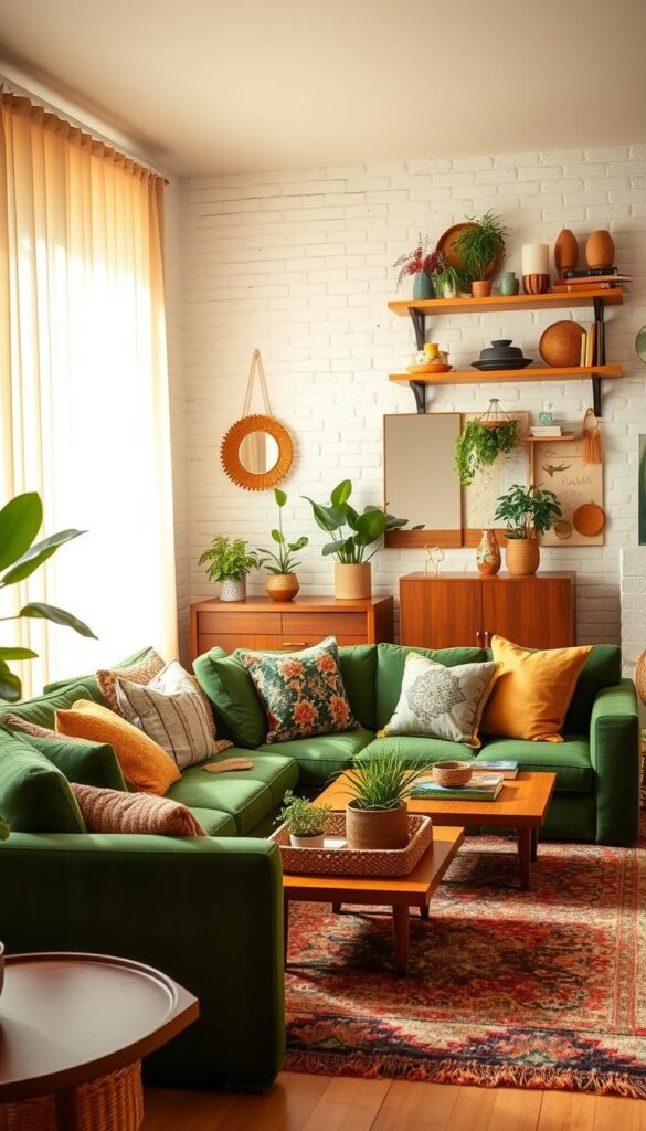 A cozy and inviting forest green living room, bathed in warm, diffused natural light filtering through sheer curtains. In the foreground, a plush, deep green velvet sofa adorned with an array of eclectic throw pillows in complementary hues and textures. A wooden coffee table with a bohemian woven basket and potted plants sits atop a lush, earthy-toned area rug. The middle ground features a mix of mid-century modern and vintage-inspired furnishings, including a teak sideboard and a rattan armchair. The background showcases whitewashed brick walls, accented by floating wood shelves displaying an eclectic collection of ceramics, books, and other decorative items. Overall, the scene exudes a cozy, inviting, and bohemian atmosphere.