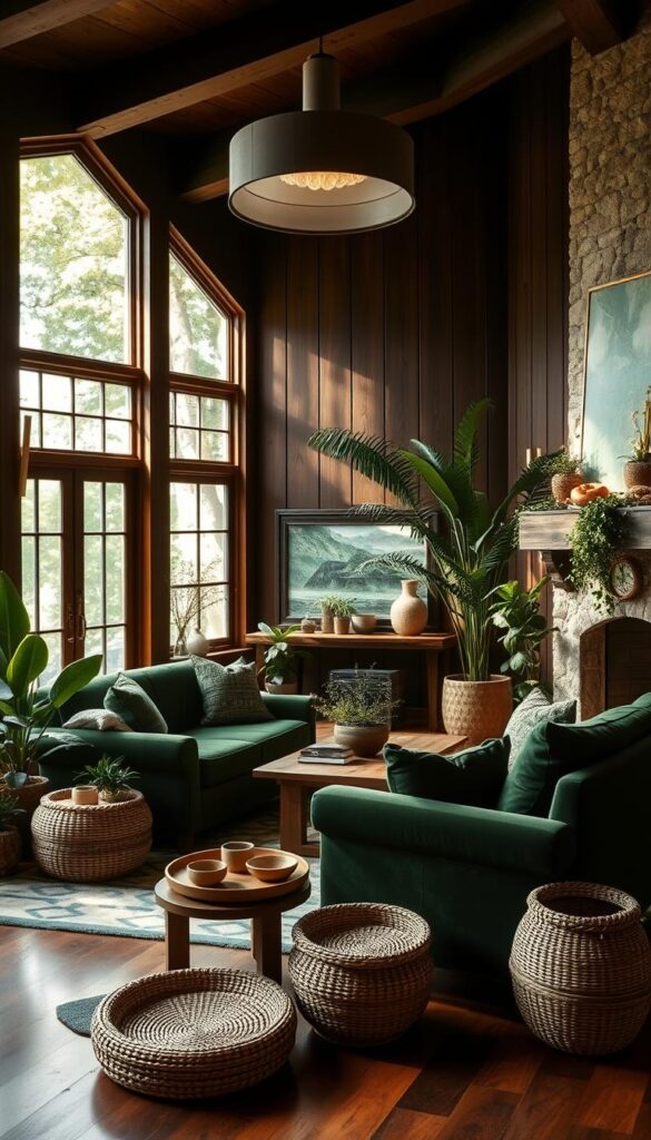 A cozy and inviting forest green living room with warm, natural lighting flowing through large windows. The room features a plush, deep green velvet sofa paired with matching armchairs arranged around a rustic wooden coffee table. Lush, verdant houseplants and earthy decor elements like woven baskets and ceramics add to the serene, organic ambiance. The walls are paneled in dark, rich wood, complemented by a traditional fireplace with a mantel adorned with natural elements. Soft, diffused lighting from a statement pendant fixture casts a gentle glow across the space, creating a serene, retreat-like atmosphere.