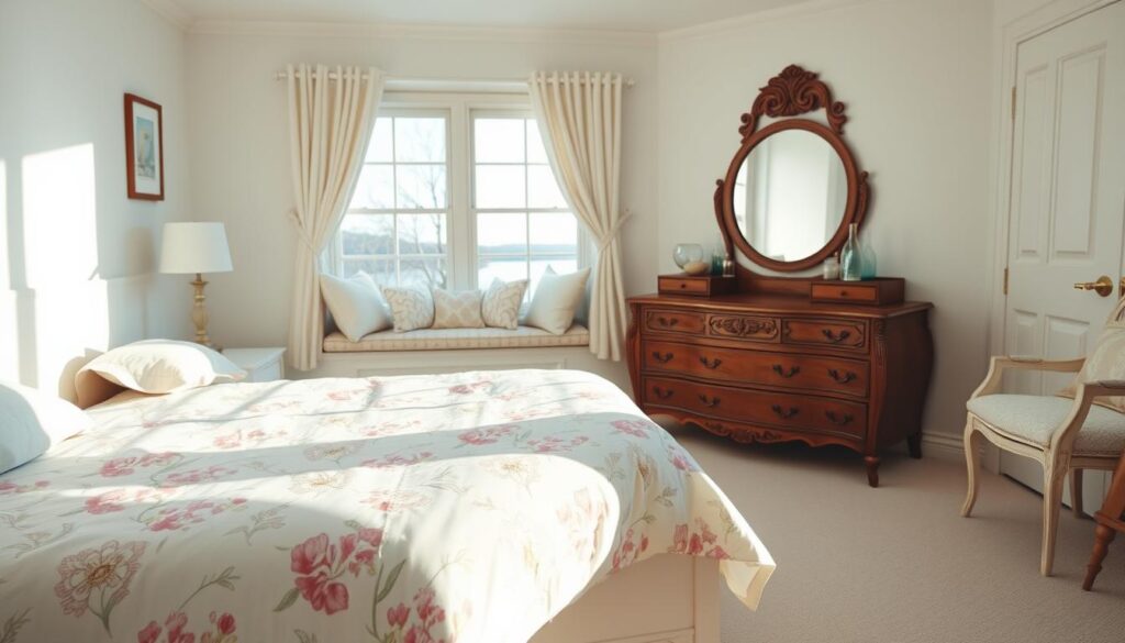 A cozy and inviting girl's bedroom, bathed in warm, natural lighting. In the foreground, a delicate floral-patterned duvet covers a plush twin-sized bed, flanked by a pair of sleek, white nightstands. On the middle ground, a sturdy wooden dresser with intricate carved details stands next to a charming vanity table, adorned with a large, round mirror and elegant glass bottles. In the background, a window seat with soft, pillows overlooks a serene outdoor scene, creating a peaceful, contemplative atmosphere. The overall color palette is a harmonious blend of pastel shades, creating a soothing and calming ambiance.