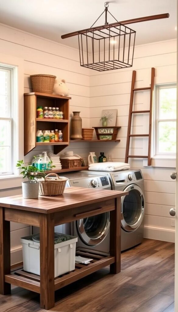 A cozy and inviting laundry room with a rustic-chic aesthetic. In the foreground, a wooden farmhouse-style folding table adorned with simple decor - a potted plant, a woven basket, and a stack of neatly folded towels. The mid-ground features a front-loading washer and dryer set in a neutral color palette, complemented by open shelving displaying colorful detergents and cleaning supplies. The background showcases whitewashed shiplap walls, a large window that allows natural light to flood the space, and a vintage-inspired ladder-style drying rack suspended from the ceiling. The overall atmosphere is warm, relaxed, and budget-friendly.