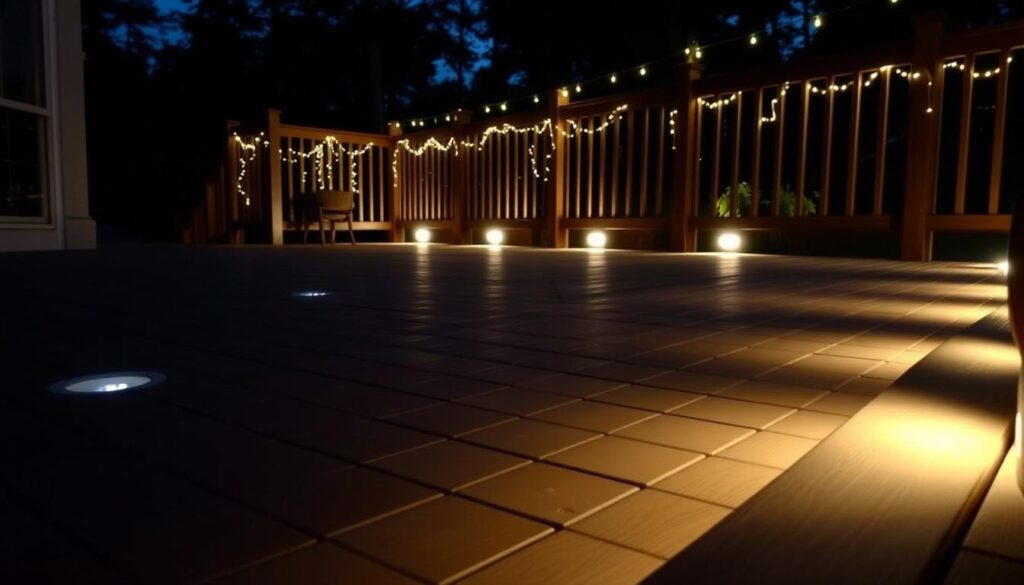 A cozy and inviting outdoor deck at dusk, with strategically placed lighting fixtures casting a warm glow across the wooden planks. In the foreground, a series of recessed LED lights subtly illuminate the steps, ensuring safe navigation. The middle ground features a row of low-profile path lights lining the perimeter, creating a soft ambiance. In the background, a combination of string lights and uplighting along the deck railing add depth and visual interest, casting a subtle shimmer on the surrounding foliage. The overall scene conveys a sense of relaxation and outdoor living, with the lighting elements thoughtfully integrated to enhance both the functionality and aesthetic appeal of the space.