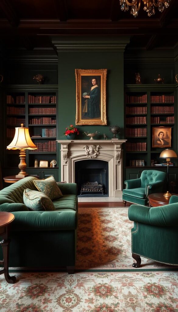 A cozy and traditional forest green living room with classic elegance. In the foreground, a luxurious tufted sofa and armchair in a rich, deep green velvet upholstery, accented by ornate wooden side tables and a vintage brass floor lamp casting a warm glow. In the middle ground, a grand fireplace with a carved stone mantel, flanked by built-in bookshelves filled with leather-bound volumes. The walls are adorned with ornate gold-framed artwork, and a large, plush area rug in a complementary pattern grounds the space. Soft, diffused lighting filters through lace curtains, creating a gentle, inviting atmosphere. The scene is captured with a wide-angle lens to showcase the room's grand, traditional elegance.