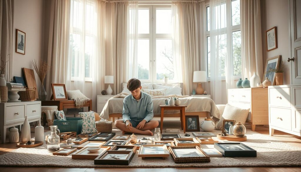 A cozy bedroom setting, lit by soft natural light filtering through sheer curtains. In the foreground, a young person sits cross-legged on the floor, surrounded by various household items - vases, picture frames, textiles, and decorative accents. They are carefully examining and arranging these elements, assessing how they could be repurposed to breathe new life into the space. The middle ground features the bed, nightstand, and other furniture pieces, all in a minimalist, uncluttered style. The background showcases the room's architecture, with tall windows overlooking a tranquil outdoor scene. The overall atmosphere is one of contemplation, creativity, and a mindful approach to home decor.