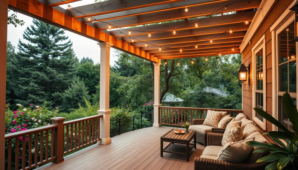 A cozy covered deck nestled among lush greenery, providing a serene outdoor retreat. A warm glow from string lights illuminates the space, creating a inviting ambiance. Soft, plush seating in neutral tones beckons for relaxation, while a sturdy wooden pergola overhead casts dynamic shadows. In the background, a verdant landscape of towering trees and blooming flora sets the stage for this tranquil oasis. The composition is balanced, with the deck occupying the foreground and the natural surroundings receding gently into the distance. Crisp, high-resolution photographic quality, using a wide-angle lens to capture the full scene.