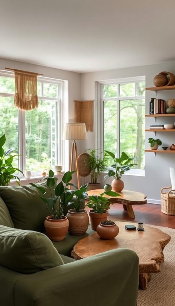 A cozy, eco-friendly forest green living room with natural textures and sustainable elements. In the foreground, a plush, organic linen sofa in a deep, earthy green hue. Atop it, several lush houseplants in handmade terracotta pots. In the middle ground, a wooden coffee table with a live-edge surface, surrounded by rattan and bamboo accents. The walls are adorned with natural fiber wall hangings and shelves displaying books and decorative objects made from reclaimed materials. Soft, indirect lighting from a floor lamp with a linen shade casts a warm, welcoming glow. Large windows frame a view of a lush, verdant forest outside, blending the indoors and outdoors. An atmosphere of rustic sophistication and environmental consciousness pervades the space.