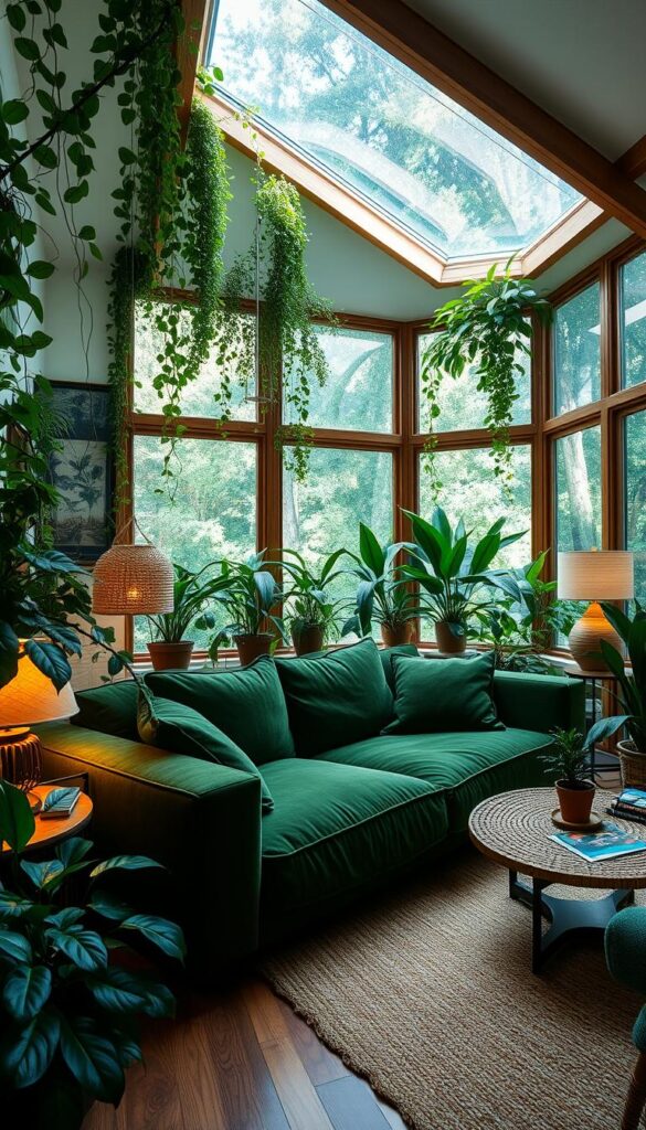 A cozy forest green living room, lush with potted plants and natural light streaming through large windows. The focal point is a plush, overstuffed sofa in a deep emerald hue, accented by warm wood tones and woven textures. Trailing vines and leafy houseplants adorn the space, creating a biophilic oasis. Soft ambient lighting from table lamps and a skylight above casts a gentle glow, while a wide-angle lens captures the room's enveloping, tranquil atmosphere. The overall effect is one of serenity and harmony, a living space that effortlessly brings the beauty of nature indoors.