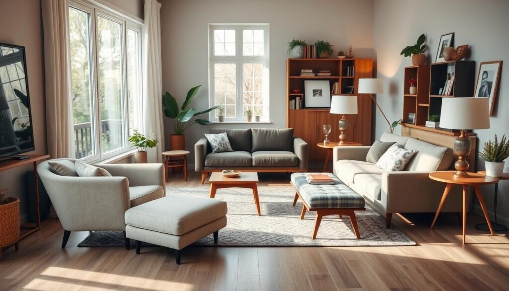 A cozy living room in natural light, the furniture rearranged to create a fresh, inviting atmosphere. In the foreground, a plush armchair and ottoman are repositioned to face a large window, allowing the occupant to gaze outside and feel connected to the outdoors. In the middle ground, a mid-century modern sofa is angled slightly, creating a more conversational layout. Strategically placed end tables and floor lamps provide soft, ambient lighting. The background features bookshelves, plants, and personal decor, hinting at the homeowner's style and interests. The overall scene conveys a sense of calm, introspection, and a renewed perspective on the familiar surroundings.