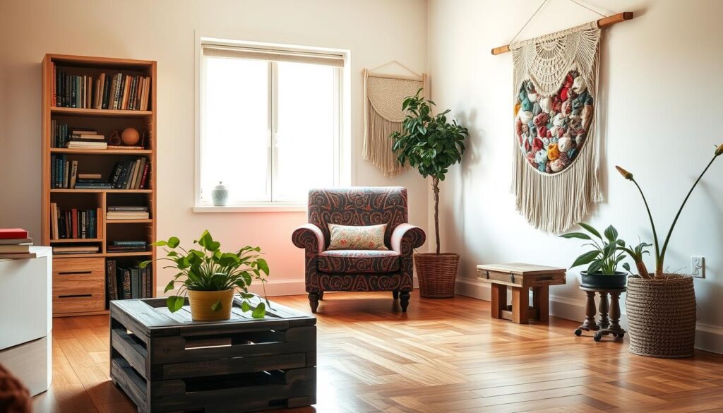 A cozy, sunlit living room with minimalist furnishings and repurposed decor. In the foreground, an old wooden crate serves as a coffee table, adorned with a lush green potted plant. Framing the space, a bookshelf made from salvaged crates and wooden planks, filled with an eclectic mix of books and personal trinkets. The middle ground features a comfortable armchair upholstered in a vibrant, patterned fabric, positioned near a large window that floods the room with warm, natural light. In the background, a handcrafted wall hanging, created from recycled fabric scraps, adds a touch of texture and personality to the space. The overall atmosphere is one of creativity, simplicity, and a sense of harmonious transformation.
