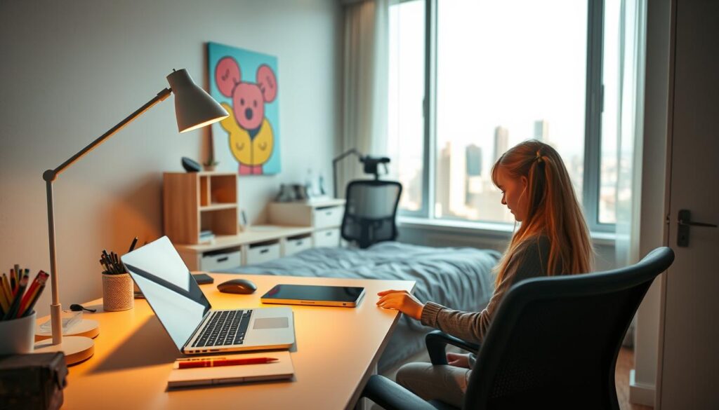 A cozy, tech-savvy girl's bedroom with a modern, minimalist aesthetic. In the foreground, a well-organized desk with a sleek laptop, a tablet, and various stationery items. Soft, indirect lighting emanates from a minimalist desk lamp, creating a warm, focused ambiance. The middle ground features a comfortable, adjustable office chair and a vibrant, abstract wall art piece that adds a touch of personality. In the background, a large window overlooks a city skyline, allowing natural light to fill the space and provide a sense of openness. The overall mood is one of productivity, creativity, and a youthful, digital-savvy lifestyle.