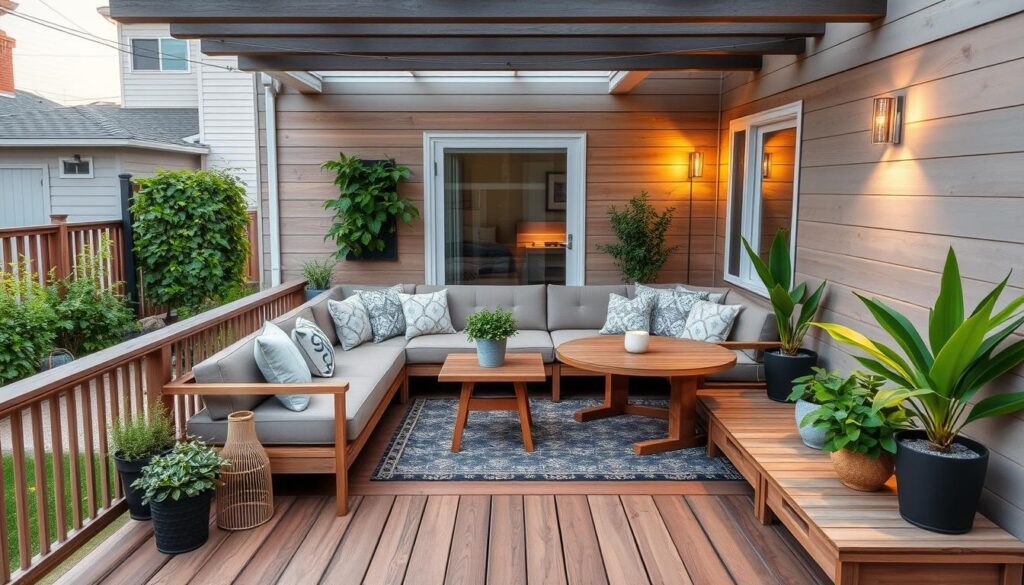 A cozy, well-designed small yard deck with a mix of natural wood tones and modern accents. The deck features a clean, minimalist layout with a subtle L-shaped configuration to maximize the available space. Comfortable, low-profile outdoor furniture, including a plush seating area and a compact dining table, is arranged to create a cohesive, inviting atmosphere. Lush, potted plants and a small vertical garden add pops of greenery, while strategically placed lighting fixtures cast a warm, ambient glow. The deck is elevated just enough to provide a pleasant vantage point, with a view of a well-manicured, compact yard. The overall composition emphasizes efficient space utilization and a harmonious blend of form and function.
