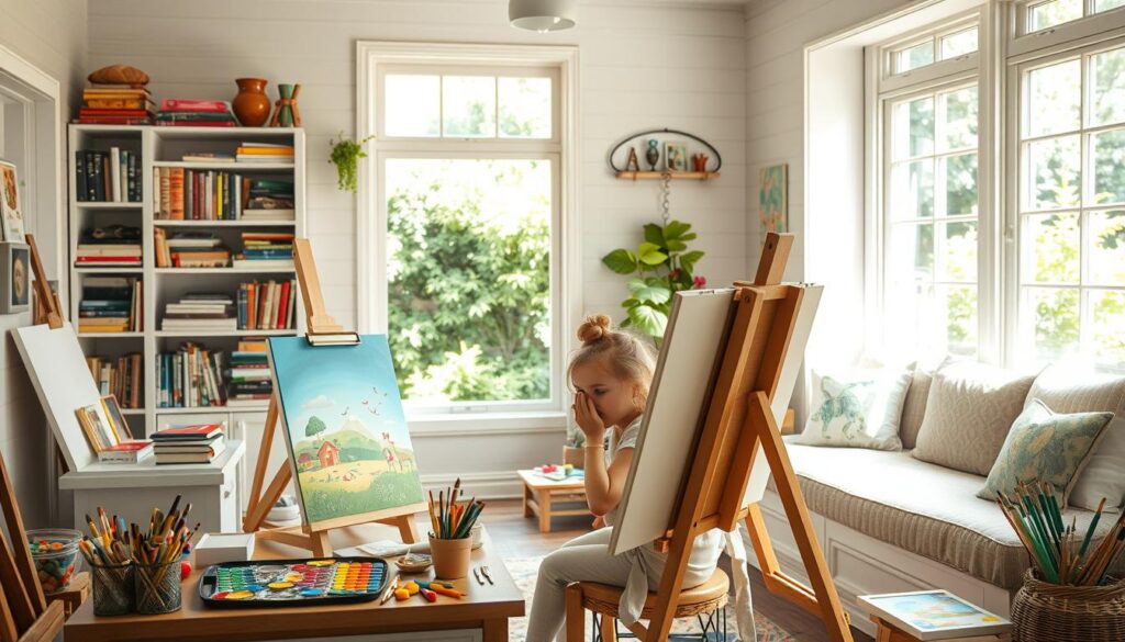 A cozy, well-lit artist's studio with natural light streaming through large windows, filled with vibrant colors and creative energy. In the foreground, a young girl sits at a wooden easel, her face alight with focus as she paints a whimsical scene on a canvas. Surrounding her, an array of art supplies, brushes, and paints in a rainbow of hues. In the middle ground, bookshelves brimming with sketchbooks, art history tomes, and inspirational trinkets. In the background, a plush window seat overlooks a lush garden, providing a serene backdrop for the girl's artistic expression. The mood is one of boundless imagination and self-discovery, captured in a bright, airy space that encourages creativity to flourish.