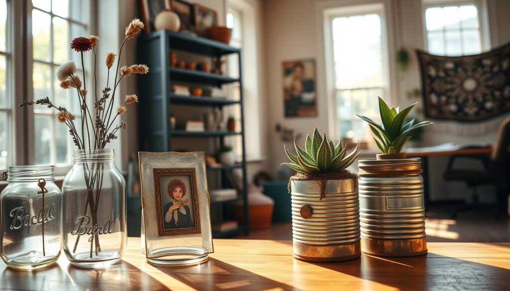 A cozy, well-lit room with natural sunlight filtering in through large windows. In the foreground, a collection of repurposed household items, such as a vase made from a mason jar, a picture frame with dried flowers, and a decorative planter crafted from an old tin can. The middle ground features a bookshelf or storage unit, its shelves adorned with carefully curated trinkets, books, and other found objects. In the background, a workspace or sitting area, with a comfortable chair or bench, and a wall decorated with a tapestry or hanging plant. The overall atmosphere is one of warmth, creativity, and a sense of personal expression, showcasing how everyday items can be transformed into unique and visually appealing room decor.