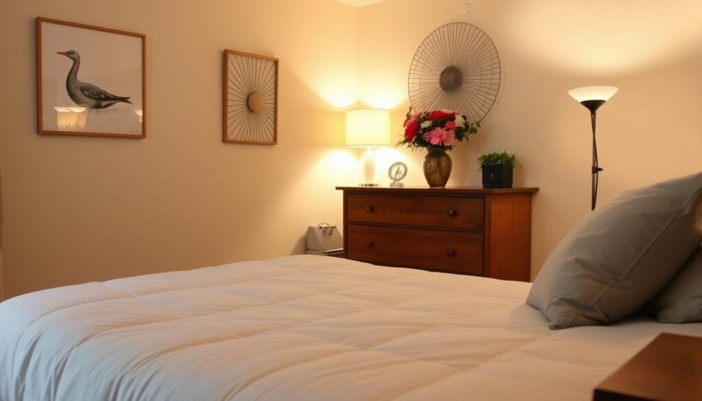 A cozy, well-organized bedroom with thrifty decor ideas. In the foreground, a neatly made bed with a simple yet stylish comforter and plush pillows. On the walls, tasteful DIY artwork created from repurposed materials. In the middle ground, a wooden dresser adorned with an eye-catching vase of fresh flowers. The lighting is warm and inviting, with a floor lamp casting a soft glow. The overall atmosphere is one of tranquility and budget-friendly elegance, inspiring a no-cost room makeover.