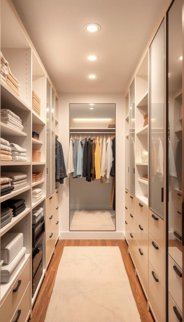 A cozy, well-organized walk-in closet in soft, natural lighting. In the foreground, neatly arranged shelves and drawers showcase smart storage solutions, from folded clothes to neatly labeled boxes. The middle ground features a versatile clothing rack with hangers for hanging garments, complemented by a full-length mirror that creates the illusion of a larger space. In the background, the closet's recessed lighting casts a warm, inviting glow, while sleek, minimalist cabinetry and shelving maximize every inch of the compact area. The overall atmosphere is one of functional efficiency and soothing, calming serenity, inspiring the viewer to envision how they could transform their own small walk-in closet into an oasis of organization.