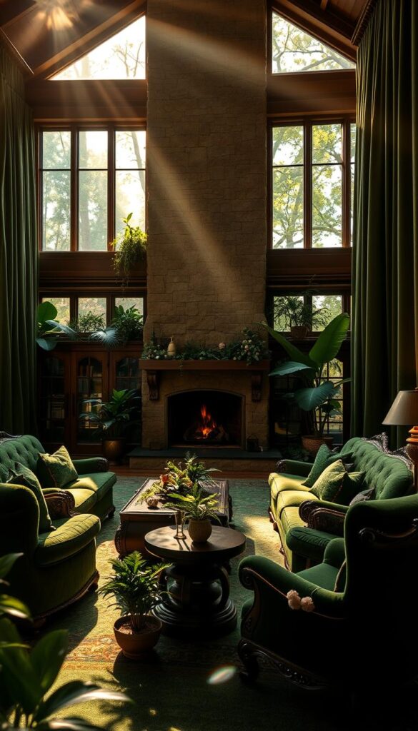 A luxurious forest green living room bathed in warm, golden sunlight filtering through large windows. Plush, overstuffed sofas and armchairs upholstered in rich, velvety green fabric arranged around a grand stone fireplace. Ornate, carved wooden furniture and accents create an air of refined elegance. Lush, verdant houseplants and fresh greenery add pops of vibrant color. Soft, ambient lighting casts a cozy, intimate glow, while heavy, textured curtains frame the scene. The room exudes a sense of tranquility and sophistication, inviting one to sink in and savor the moment.