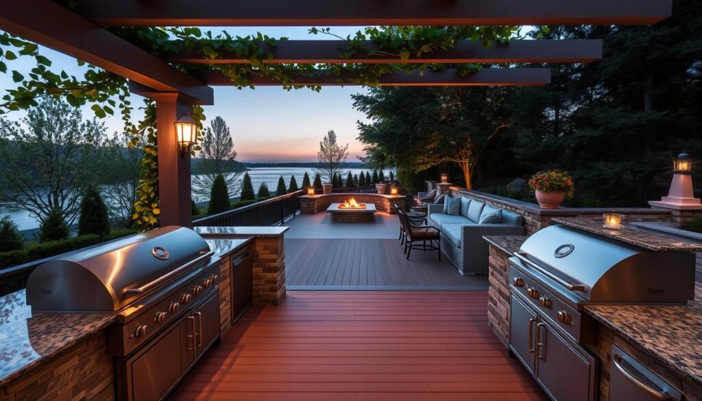 A luxurious outdoor deck with a fully equipped kitchen and a cozy fire element. In the foreground, a stainless steel grill and a sleek outdoor kitchen island with granite countertops. Overhead, a stylish pergola casts a gentle shadow, adorned with lush climbing vines. In the middle ground, a modern fire pit or fireplace with a stone surround, inviting guests to gather and enjoy the warm ambiance. The background features a scenic view, perhaps a manicured garden or a tranquil body of water, bathed in the soft glow of strategically placed landscape lighting. The entire scene exudes an air of sophistication and attention to detail, creating an irresistible outdoor oasis.