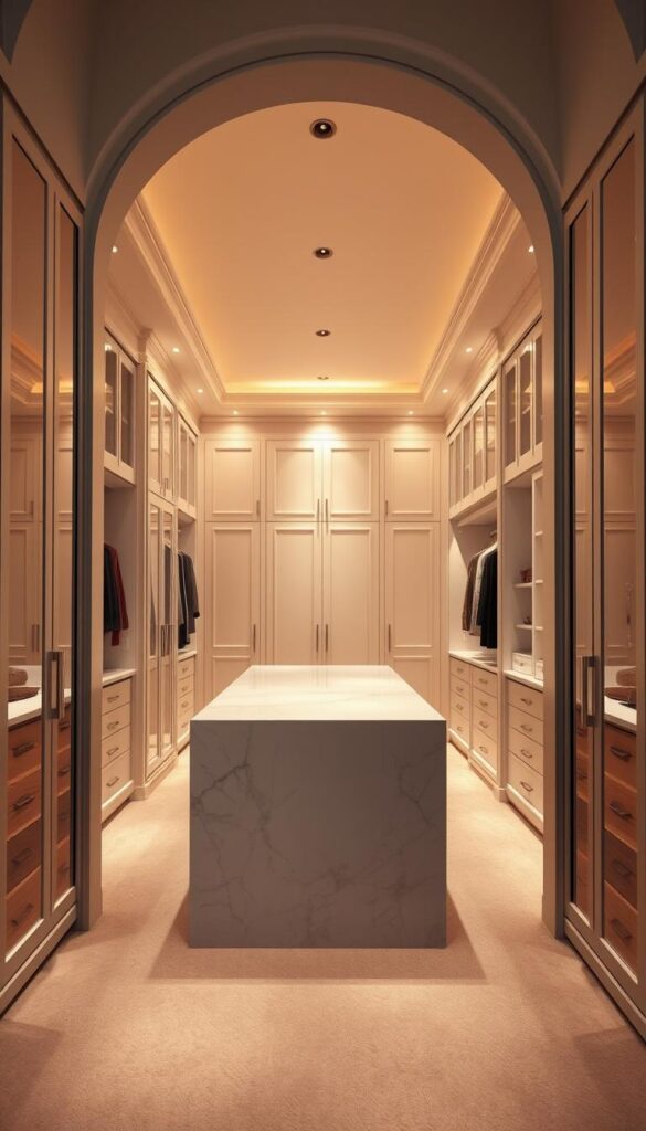 A luxurious walk-in closet island, bathed in warm, soft lighting that casts a gentle glow. The island features a smooth, marble countertop, flanked by rows of gleaming, custom-built cabinetry and shelving, offering ample storage and display space for an exquisite wardrobe. The scene is framed by a grand, arched entryway, leading the eye inward and creating a sense of grandeur. The floor is covered in a plush, neutral-toned carpet, adding to the overall opulence. Strategically placed mirrors along the walls amplify the sense of space and reflection, while discreet lighting fixtures cast a subtle, ambient illumination. The overall atmosphere evokes a feeling of refined elegance, making this luxurious closet island a true centerpiece of the walk-in wardrobe.