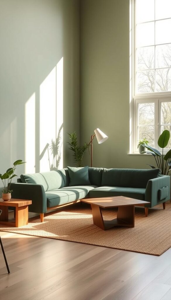 A minimalist forest green living room with clean lines and natural textures. Sunlight filters through large windows, casting a warm glow on the space. A sleek, low-profile sofa in a deep forest green hue anchors the room, complemented by a textured area rug in earthy tones. Wooden end tables and a simple, angular coffee table add organic elements. The walls are painted a muted, sage green, creating a soothing, serene atmosphere. Potted plants and a single, sculptural floor lamp provide subtle pops of greenery and light. The overall aesthetic is one of modern simplicity and natural harmony.