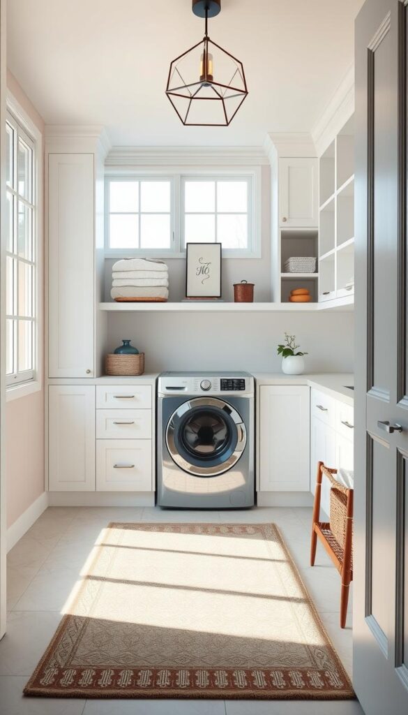 A modern, bright and airy laundry room with clean lines and a touch of personality. The foreground features a sleek, built-in washer and dryer set against a backdrop of minimalist white cabinets and open shelving displaying neatly folded linens and decorative accents. The middle ground showcases a chic, patterned tile flooring in a subtle pastel hue, complemented by a stylish area rug. Ambient lighting from large windows floods the space, creating a warm, inviting atmosphere. The background reveals a statement light fixture with a geometric design, casting a soft glow and tying the room's contemporary aesthetic together.