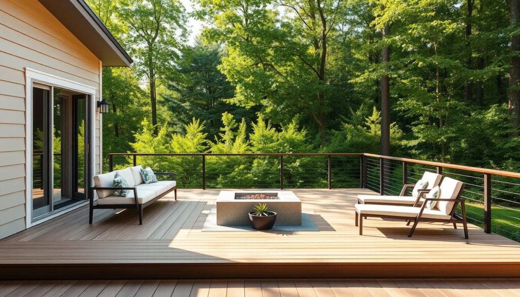 A modern, sleek deck design with clean lines and minimalist elements. The deck is situated in a serene, natural setting with lush greenery in the background. Sunlight filters through the trees, casting a warm, inviting glow on the deck's surface. The deck features a mix of natural and composite materials, such as wood and stone, creating a harmonious blend of textures. Well-placed outdoor furniture, including modern, low-profile seating and a central fire pit or water feature, invites relaxation and entertainment. The entire scene conveys a sense of tranquility and sophistication, reflecting the homeowner's love for contemporary design and seamless indoor-outdoor living.