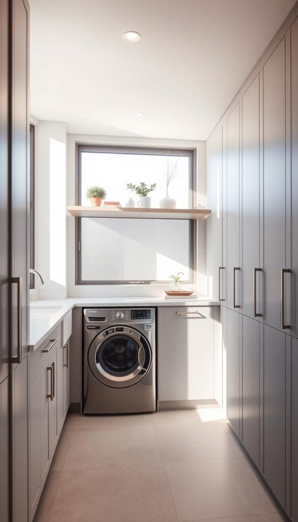 A modern, well-designed laundry room with sleek, minimalist cabinetry in a soft gray tone. The room is flooded with natural light from large windows, casting a warm glow on the space. Strategically placed task lighting illuminates the folding station and utility sink. A front-loading washer and dryer pair in a stainless steel finish are seamlessly integrated into the cabinetry. A large, floating shelf above the machines displays decorative plants and minimalist accessories. The floor is covered in neutral-toned tile, complementing the overall contemporary aesthetic. The room has an airy, tranquil atmosphere, reflecting a perfect blend of form and function.