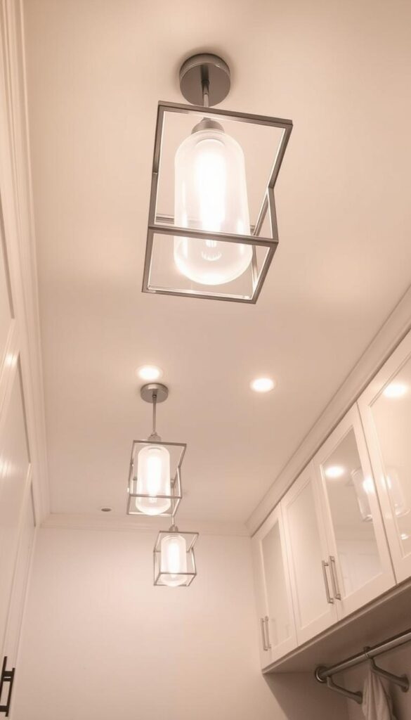 A modern, well-lit laundry room with bright, clean lighting fixtures. Sleek, minimalist pendant lights hang from the ceiling, casting a warm, even glow throughout the space. The lighting is supplemented by recessed ceiling lights that illuminate the entire room. The fixtures have a contemporary metal frame, with glass or acrylic shades that diffuse the light softly. The overall effect is a bright, airy, and inviting laundry area that feels more like a sophisticated living space than a utilitarian room. The lighting complements the modern, streamlined cabinetry and fixtures, creating a cohesive, design-forward aesthetic.