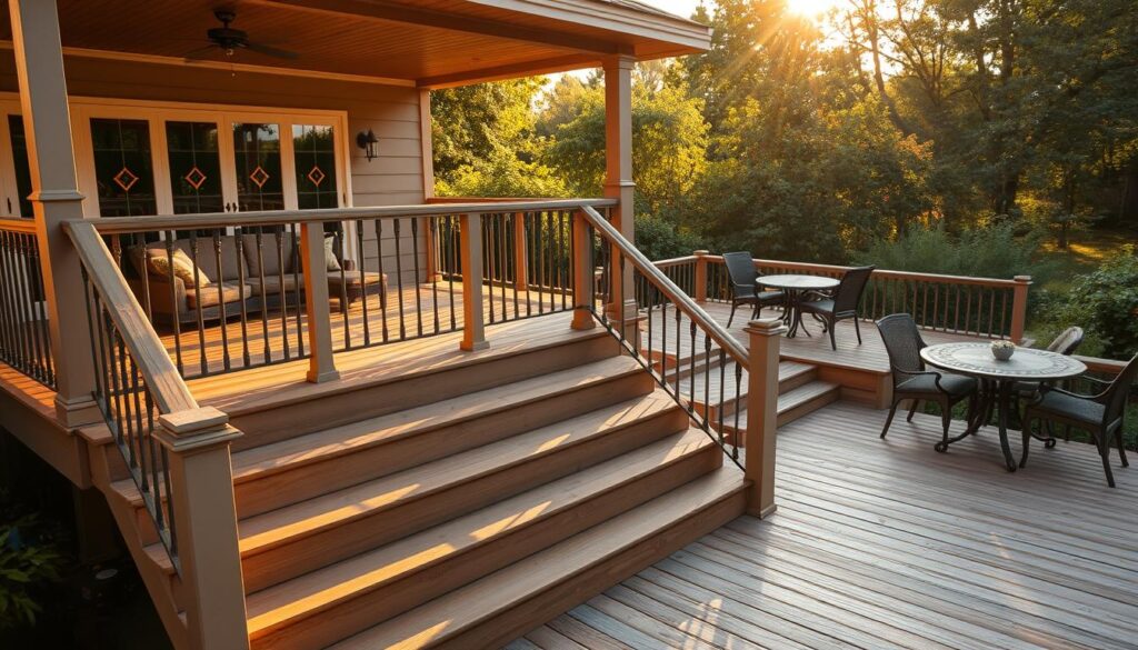 A multi-level deck with distinct zones, bathed in warm, golden light. The foreground features a spacious upper deck with a cozy seating area, bordered by ornate railings. Descending steps lead to a lower-level deck, where a dining table and chairs are arranged for alfresco meals. In the background, a lush garden backdrop creates a serene, natural ambiance. Soft shadows and highlights accentuate the deck's architectural details, while a slightly elevated camera angle captures the tiered layout and inviting atmosphere. The overall scene evokes a sense of relaxation and outdoor living.