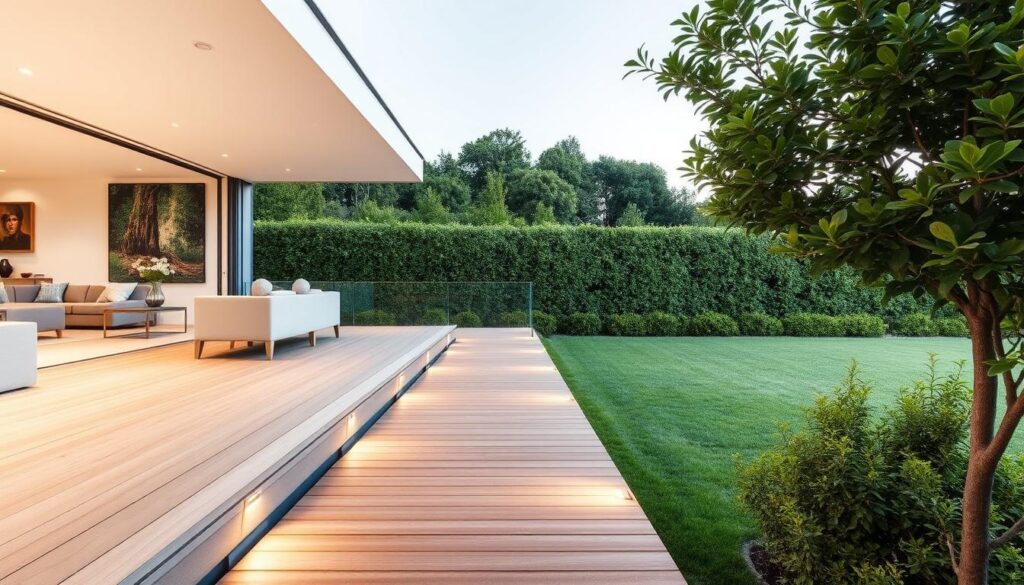 A seamless indoor-outdoor transition with a modern deck featuring clean lines and minimalist design. The deck extends from a bright, airy living space, blending natural and built environments. Smooth, light-colored wood panels flow effortlessly from the interior to the exterior, creating a cohesive visual flow. Subtle lighting fixtures along the deck edges cast a warm, inviting glow, guiding the eye outward. Lush, manicured greenery frames the scene, softening the edges and infusing the space with a sense of tranquility. A wide, unobstructed view of the surrounding landscape adds depth and a connection to the outdoors. Carefully curated furnishings and decor complement the deck's sleek aesthetic, resulting in a harmonious, contemporary outdoor oasis.