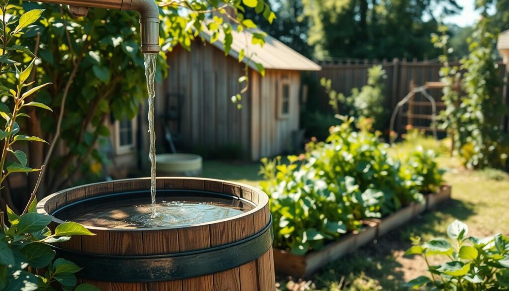A serene, sun-dappled garden with a simple rainwater collection system in the foreground. The system comprises a downspout leading to a wooden barrel, its surface glistening with recently harvested raindrops. Lush, verdant foliage surrounds the barrel, adding a sense of tranquility. In the middle ground, a small vegetable patch thrives, its plants nourished by the collected rainwater. The background features a quaint, rustic shed, its weathered walls and slanted roof creating a charming pastoral scene. The lighting is soft and natural, casting a warm, inviting glow over the entire composition. The overall atmosphere conveys the benefits of a self-sustained, eco-friendly rainwater harvesting system for a beginner's garden.