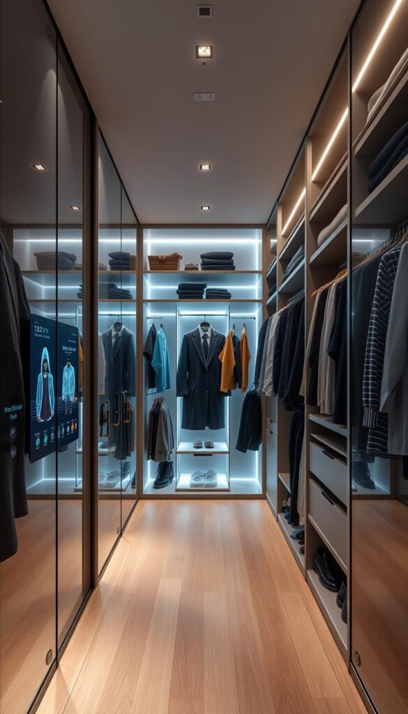 A sleek, minimalist walk-in closet with a high-tech twist. In the foreground, a voice-controlled smart display seamlessly integrated into the closet's frameless glass doors, displaying outfit recommendations and weather updates. Discreet motion-activated LED lighting illuminates the array of neatly organized, color-coordinated clothing and accessories. In the middle ground, a robotic garment steamer and folding station automates the tedious tasks of wardrobe maintenance. The background features a holographic wardrobe management system, allowing the user to virtually try on outfits and manage their inventory with a wave of the hand. The overall atmosphere is one of futuristic efficiency and cutting-edge style, creating a truly innovative and tech-savvy closet experience.