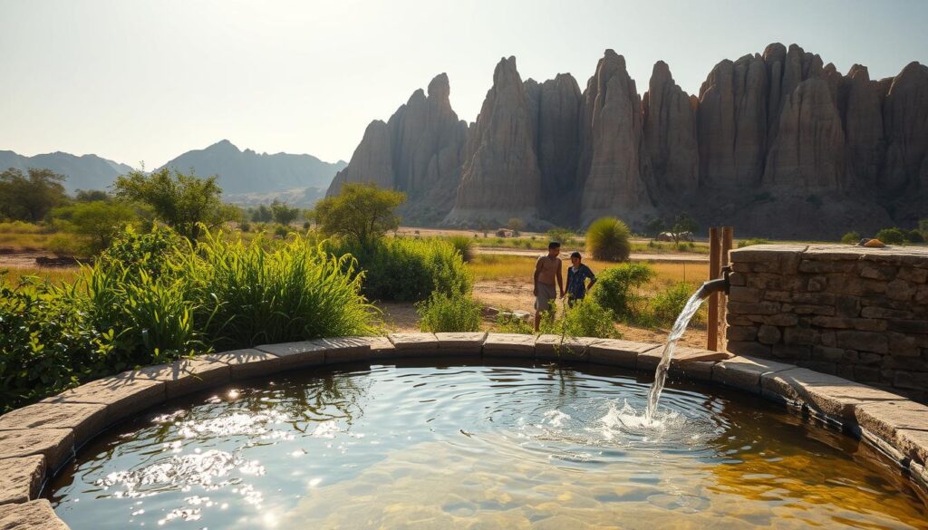A sun-drenched rural landscape in Rajasthan, India. In the foreground, a traditional stone water harvesting structure overflows with clear, glistening rainwater. Lush, verdant vegetation surrounds the structure, testament to the bounty of the collected precipitation. In the middle ground, a family gathers around the harvesting system, drawing water for their daily needs. Towering, arid rock formations rise in the distant background, highlighting the vital importance of this sustainable water management practice. Warm, golden lighting illuminates the scene, conveying a sense of prosperity and harmony between the local community and their environment. Capture the transformative impact of rainwater harvesting in this arid region.