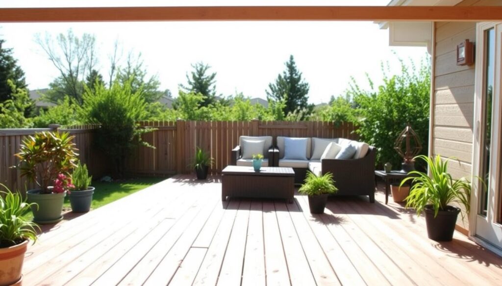 A sunny, well-lit backyard with a recently renovated deck made from natural wood planks. The deck features a simple but attractive design, with a few potted plants and comfortable outdoor furniture placed strategically to create a cozy and inviting atmosphere. The background shows a lush, green garden, with a few trees adding depth and texture to the scene. The overall vibe is one of relaxation and affordability, showcasing how a budget-friendly deck renovation can transform an outdoor space into a welcoming and functional oasis.