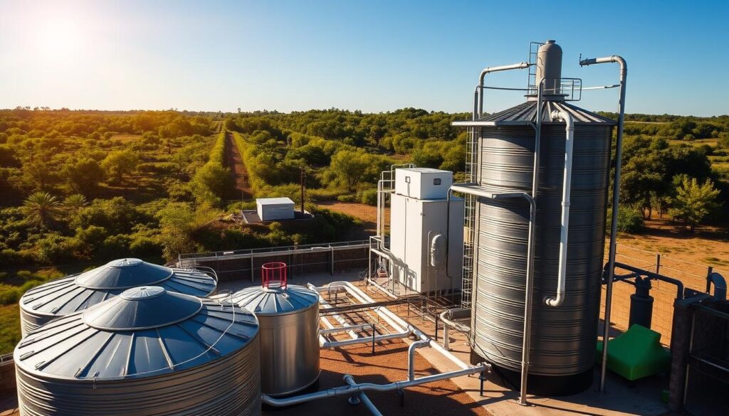 A towering rainwater harvesting system stands in the foreground, its sleek steel tanks and intricate piping network capturing and storing precious water. In the middle ground, strategically placed filtration systems and pump houses ensure the water is clean and ready for use. The background showcases a verdant, lush landscape, hinting at the sustainable, self-sufficient nature of this advanced system. Crisp, warm sunlight bathes the scene, casting dramatic shadows and highlighting the system's efficient design. The overall atmosphere conveys a sense of technological innovation working in harmony with the natural environment to combat drought and promote water conservation.