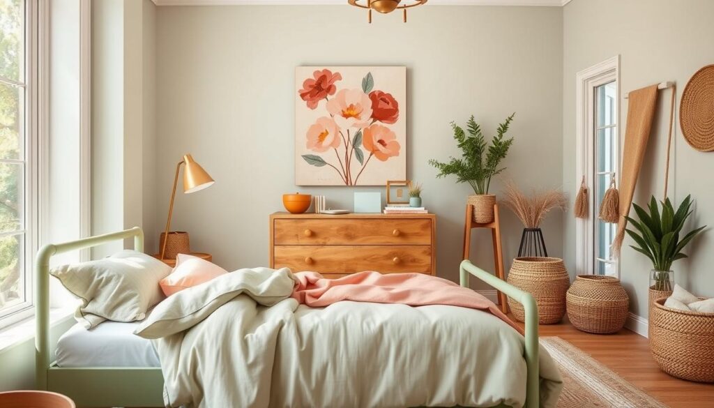 A vibrant, sun-drenched girl's room with a harmonious color palette beyond the traditional pink and purple. The foreground features an airy, minimalist bed frame in a soft sage green, layered with textured linens in complementary shades of aqua and peach. In the middle ground, a distressed wood dresser in a warm honey tone, accented with sleek brass hardware. Hanging above, an abstract floral canvas in a delicate blend of blush, coral, and ochre. The background showcases an expansive window, flooding the space with natural light and offering a glimpse of lush greenery outside. Subtle pops of gold and natural materials, such as rattan and woven baskets, infuse the room with a sense of bohemian elegance. This harmonious color scheme creates a serene, inviting atmosphere perfect for a modern girl's retreat.