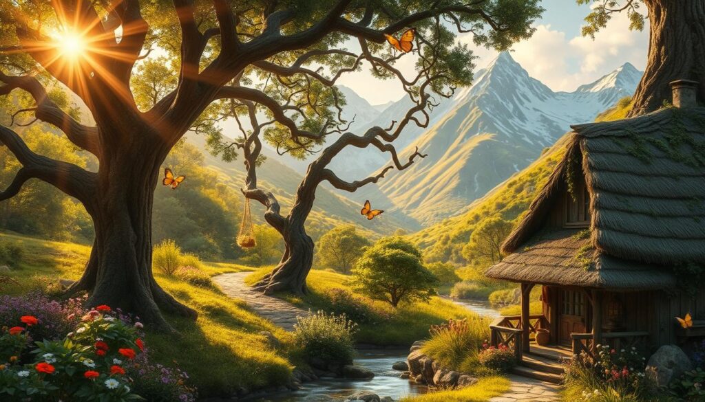 A whimsical fairy tale retreat nestled in a lush, enchanted forest. In the foreground, a cozy cottage with a thatched roof, surrounded by a wildflower garden and a babbling brook. Sunlight filters through the canopy of ancient oak trees, casting a warm, golden glow. In the middle ground, a secluded path leading to a hidden clearing, where a small wooden swing hangs from a twisted branch. Butterflies flutter around a cluster of glowing fireflies. In the background, towering mountains with snow-capped peaks rise into the distance, their slopes blanketed in a verdant carpet of moss and ferns. The scene exudes a sense of magic, wonder, and tranquility, inviting the viewer to step into this enchanted fairy tale retreat.