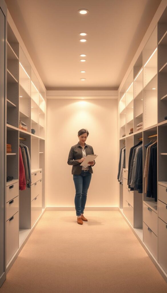 Prompt A meticulously organized walk-in closet with clean lines and ample shelving, illuminated by warm, diffused lighting that casts a soothing glow. A person stands in the center, clipboard in hand, carefully assessing the dimensions and layout, considering the most efficient use of the available space. The background is a neutral palette, allowing the focus to remain on the thoughtful analysis of the closet's potential. The overall atmosphere conveys a sense of order, planning, and the excitement of transforming this space into a personalized, functional haven.