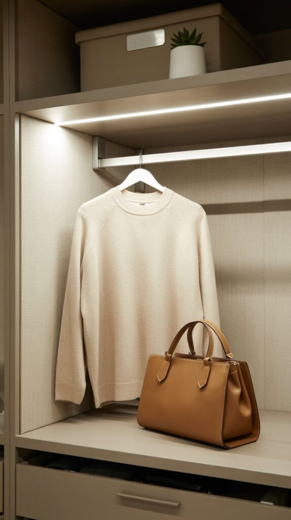 A photograph of a meticulously organized walk-in closet showcasing a collection of neatly folded sweaters and handbags. A cream-colored cashmere sweater is draped over a sleek, minimalist white hanger, while a tan leather handbag sits gracefully on an open shelf below, displaying its stitched detailing. Recessed lighting illuminates the neutral-toned shelving and storage solutions, highlighting the textures of natural linen and brushed metal accents while a small succulent sits atop a closed cabinet. Soft, diffused light creates a serene and inviting atmosphere within the space, demonstrating an effortless sense of style.