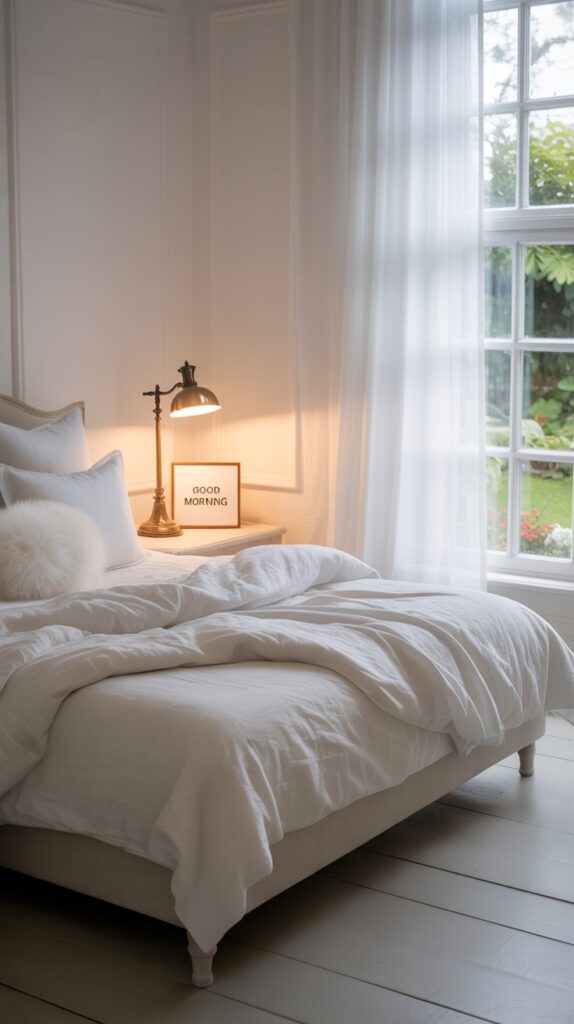 A photograph of a minimalist bedroom dominated by a pristine white platform bed with crisp linen bedding. The bed is centered against a smooth white wall, adorned with a single framed print featuring "abstract geometry" in muted gray tones. Soft, diffused natural light streams in through a large window, illuminating the polished concrete floor and highlighting the simple, clean lines of the space. The overall atmosphere is calm, serene, and subtly luxurious.