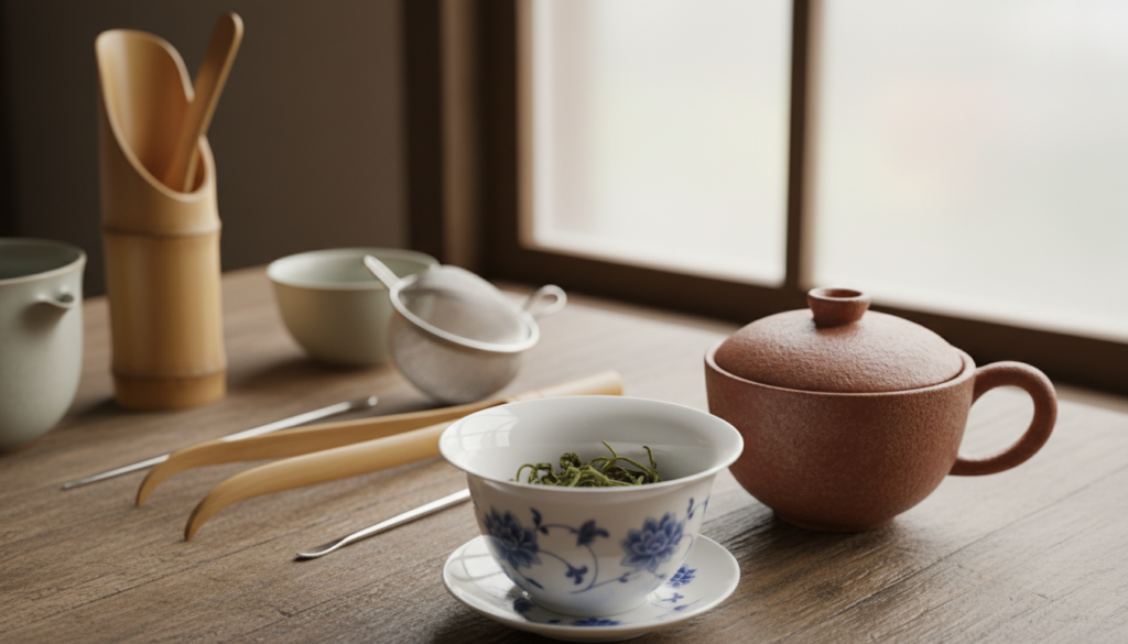 A beautifully arranged Gaiwan tea set showcasing various materials such as fine porcelain, sturdy clay, and elegant glass, placed on a textured wooden surface. In the foreground, a delicate porcelain Gaiwan sits open, revealing fresh tea leaves, while a clay Gaiwan is artfully positioned beside it, highlighting its earthy texture. The middle ground features traditional tea utensils, like a tea scoop and strainer, made from bamboo and metal, meticulously arranged around the Gaiwans. In the background, soft, diffused natural light streams through a frosted window, creating a warm and inviting atmosphere. The scene is shot from a slightly elevated angle, emphasizing the craftsmanship and variety of materials, evoking a sense of tranquility and appreciation for the traditional Chinese tea ceremony. A beautifully arranged Gaiwan tea set showcasing various materials such as fine porcelain, sturdy clay, and elegant glass, placed on a textured wooden surface. In the foreground, a delicate porcelain Gaiwan sits open, revealing fresh tea leaves, while a clay Gaiwan is artfully positioned beside it, highlighting its earthy texture. The middle ground features traditional tea utensils, like a tea scoop and strainer, made from bamboo and metal, meticulously arranged around the Gaiwans. In the background, soft, diffused natural light streams through a frosted window, creating a warm and inviting atmosphere. The scene is shot from a slightly elevated angle, emphasizing the craftsmanship and variety of materials, evoking a sense of tranquility and appreciation for the traditional Chinese tea ceremony.