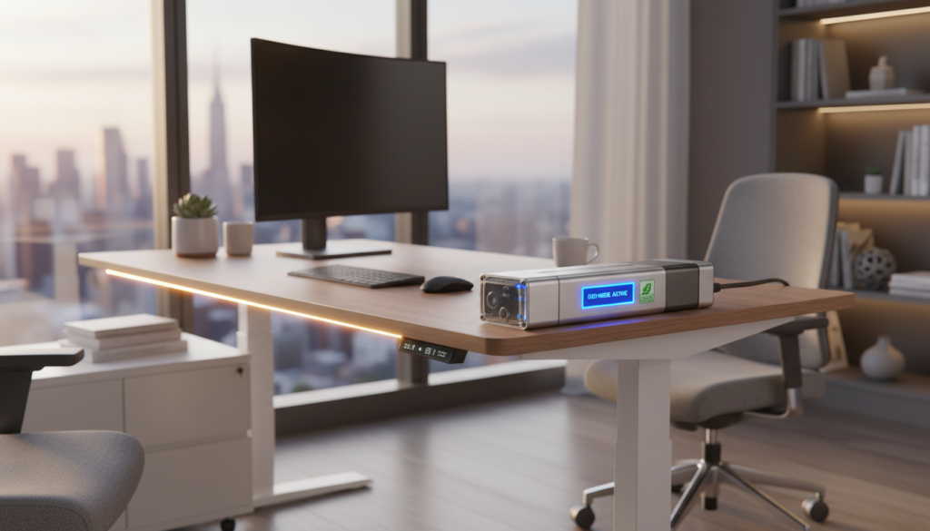 A close-up view of an advanced linear actuator with energy efficiency features, set in a modern workspace. The actuator is prominently displayed in the foreground, showcasing its sleek design and compact size, with visible electronic components and energy-saving labels. In the middle ground, a standing desk equipped with the actuator rises at an optimal height, surrounded by stylish office furniture and ambient lighting. The background features a contemporary office environment with large windows, allowing natural light to fill the space, creating a bright and productive atmosphere. The image should have a professional look, with soft focus and warm lighting that highlights the actuator's innovative technology and efficiency.