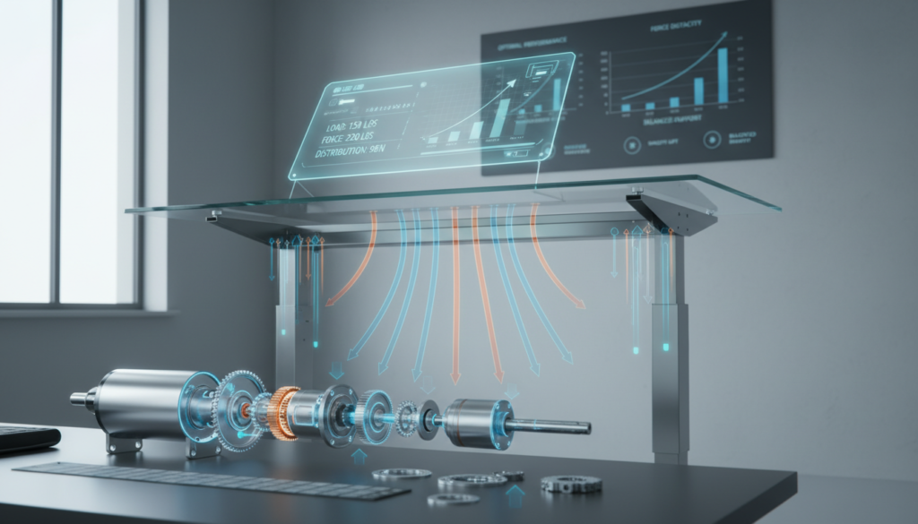 A detailed illustration of linear actuator force distribution as it applies to standing desks. In the foreground, a sleek linear actuator is prominently displayed, showcasing its moving components and mechanisms. The middle ground features a modern standing desk with a transparent section revealing the actuator's force distribution under various loads. In the background, a softly lit workspace includes a wall-mounted chart with graphs depicting force versus distance. The scene is illuminated by natural light streaming through a window, casting gentle shadows. The atmosphere is professional and technical, emphasizing the science behind linear actuators. The camera angle is slightly above eye level, offering a comprehensive view, highlighting the precision and engineering involved in the system.