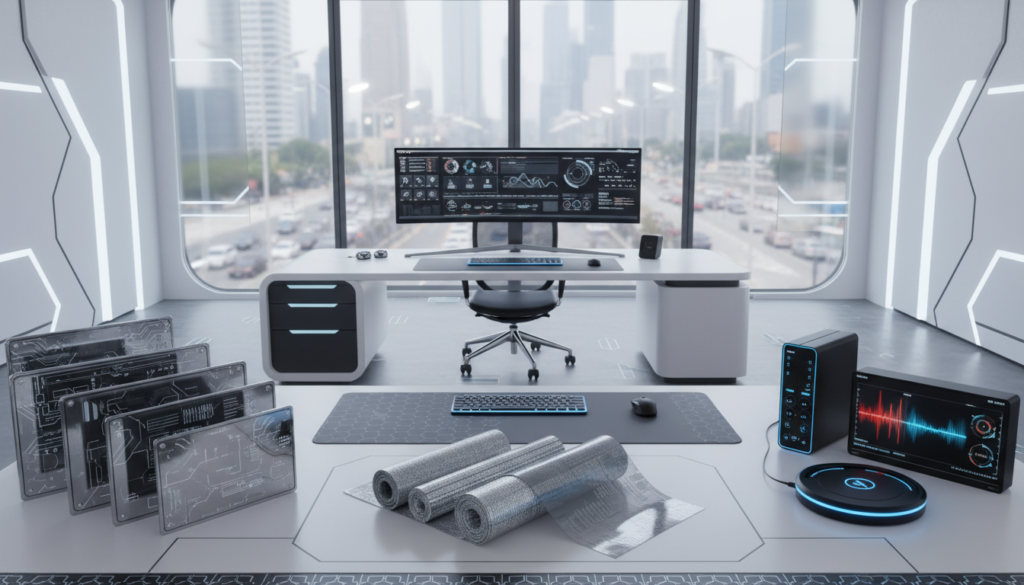 A modern high-tech workspace depicted in a sleek, well-lit environment. In the foreground, a variety of EMF shielding solutions are displayed, including sleek metallic screens, advanced fabrics, and electronic devices showcasing their protective features. The middle ground features a professional workspace with a stylish desk, ergonomic chair, and computer equipment, all surrounded by subtle elements like geometric patterns that indicate a tech-savvy ambiance. In the background, softly illuminated windows reveal a bustling cityscape, emphasizing the need for EMF protection. The lighting is bright yet calming, creating a sense of innovation and alertness. The atmosphere is focused and professional, reflecting the importance of combating EMF interference in today's technology-driven workspaces. A modern high-tech workspace depicted in a sleek, well-lit environment. In the foreground, a variety of EMF shielding solutions are displayed, including sleek metallic screens, advanced fabrics, and electronic devices showcasing their protective features. The middle ground features a professional workspace with a stylish desk, ergonomic chair, and computer equipment, all surrounded by subtle elements like geometric patterns that indicate a tech-savvy ambiance. In the background, softly illuminated windows reveal a bustling cityscape, emphasizing the need for EMF protection. The lighting is bright yet calming, creating a sense of innovation and alertness. The atmosphere is focused and professional, reflecting the importance of combating EMF interference in today's technology-driven workspaces.